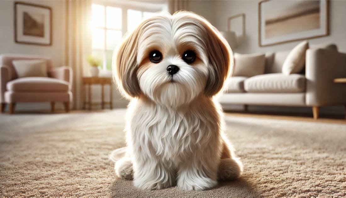 Pies rasy shih tzu siedzi w salonie na dywanie, zrelaksowany, zdjęcie wykonane w dzień za oknem ładna słoneczna pogoda.